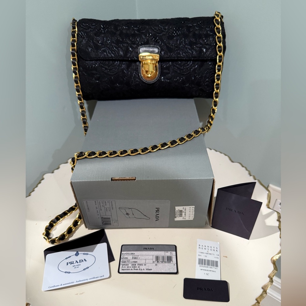 Prada Bandoliera Tessuto Lurex Convertible Handbag in Black with Gold Hardware